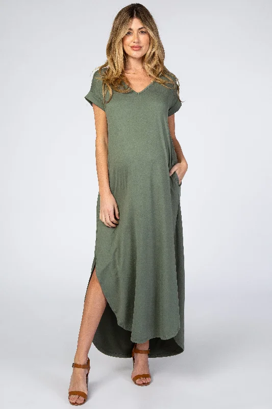 Olive Side Slit Maternity Maxi Dress