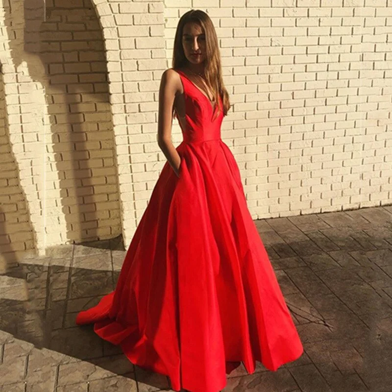 FashionSierra - CloverBridal In Stock Cheap Deep V Neckline Red Prom Dress