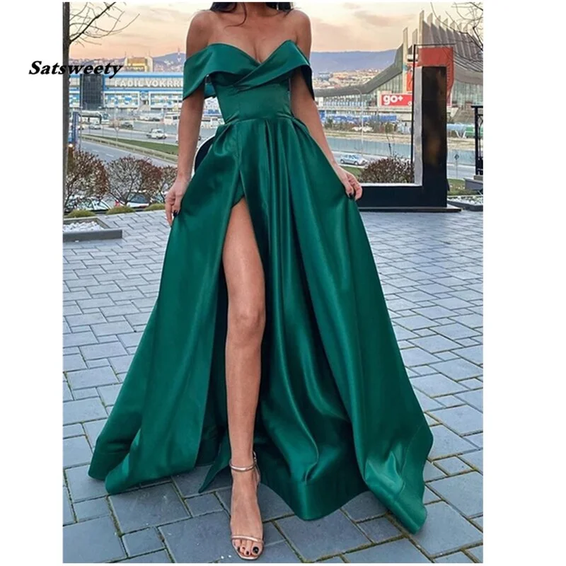 FashionSierra - Off the Shoulder Emerald Green Satin Long Prom Dresses