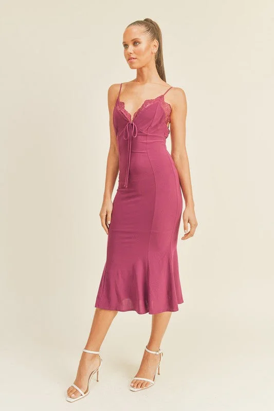 Berry Spaghetti Strap  Midi Fit And Flare Dress