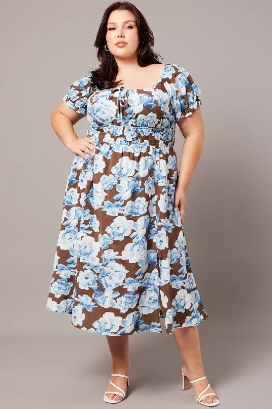 Brown Floral Midi Dress Short Sleeve Ruched Bust