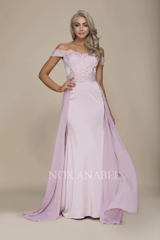 LONG ELEGANT OFF SHOULDER BEADED BODICE DRESS WITH CHIFFON DETACHABLE OVERLAY E014 BY NARIANNA