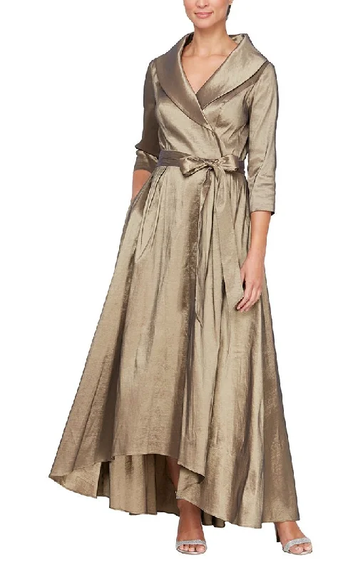 Portrait Collar Stretch Taffeta Dress with High Low Hem and Tie Belt