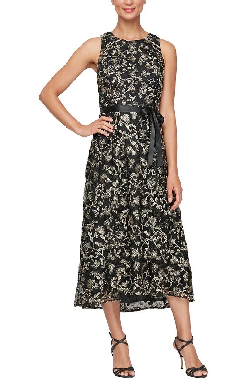 Midi Embroidered Sleeveless Dress with High/Low Hem & Tie Belt