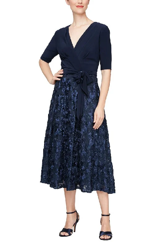 Tea-Length Lace & Jersey Cocktail Dress with Full Rosette Lace Skirt and Tie Belt