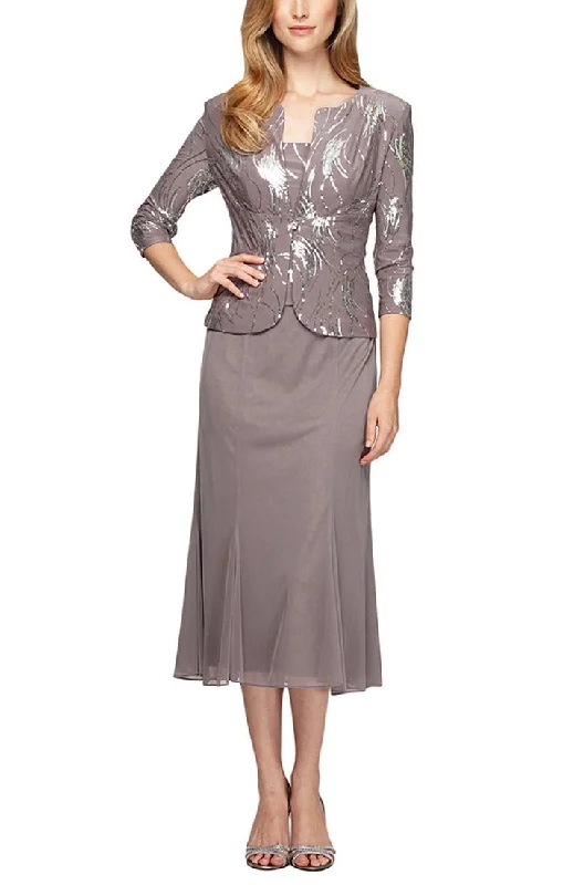 Tea-Length Firework Sequin Jacket Dress with Godet Detail Mesh Skirt