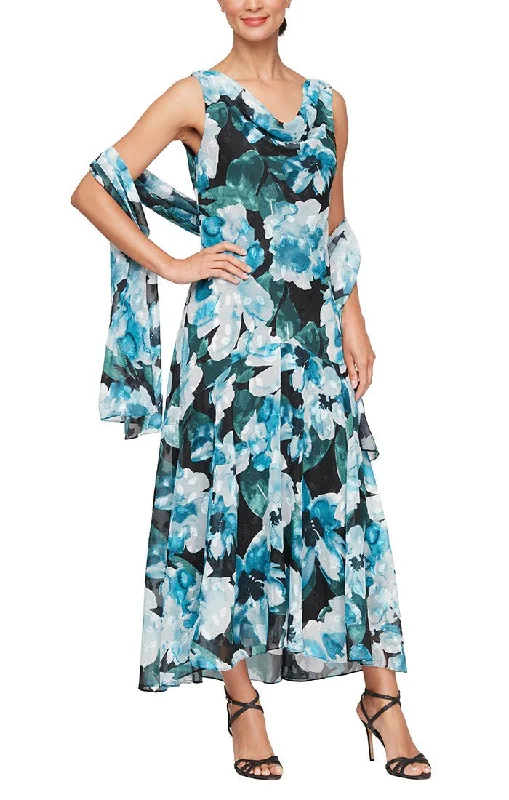 Tea Length Printed Sleeveless Dress with Shawl